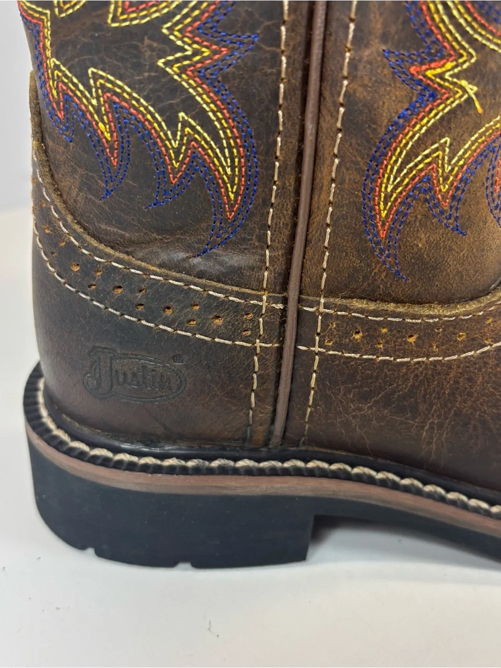 Justin Embroidered Western Boots Junior Sz 12.5 D Brown Leather Kids Square Toe